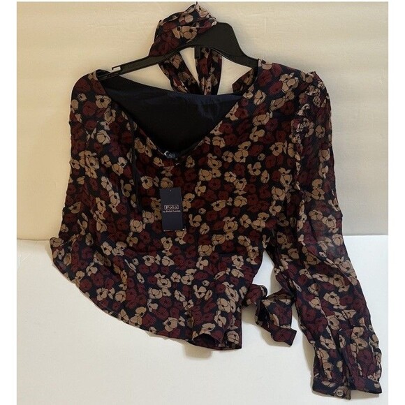 Polo Ralph Lauren Georgette Tie-Neck One-Shoulder Blouse 4 Chiffon Chic Floral - Picture 10 of 13